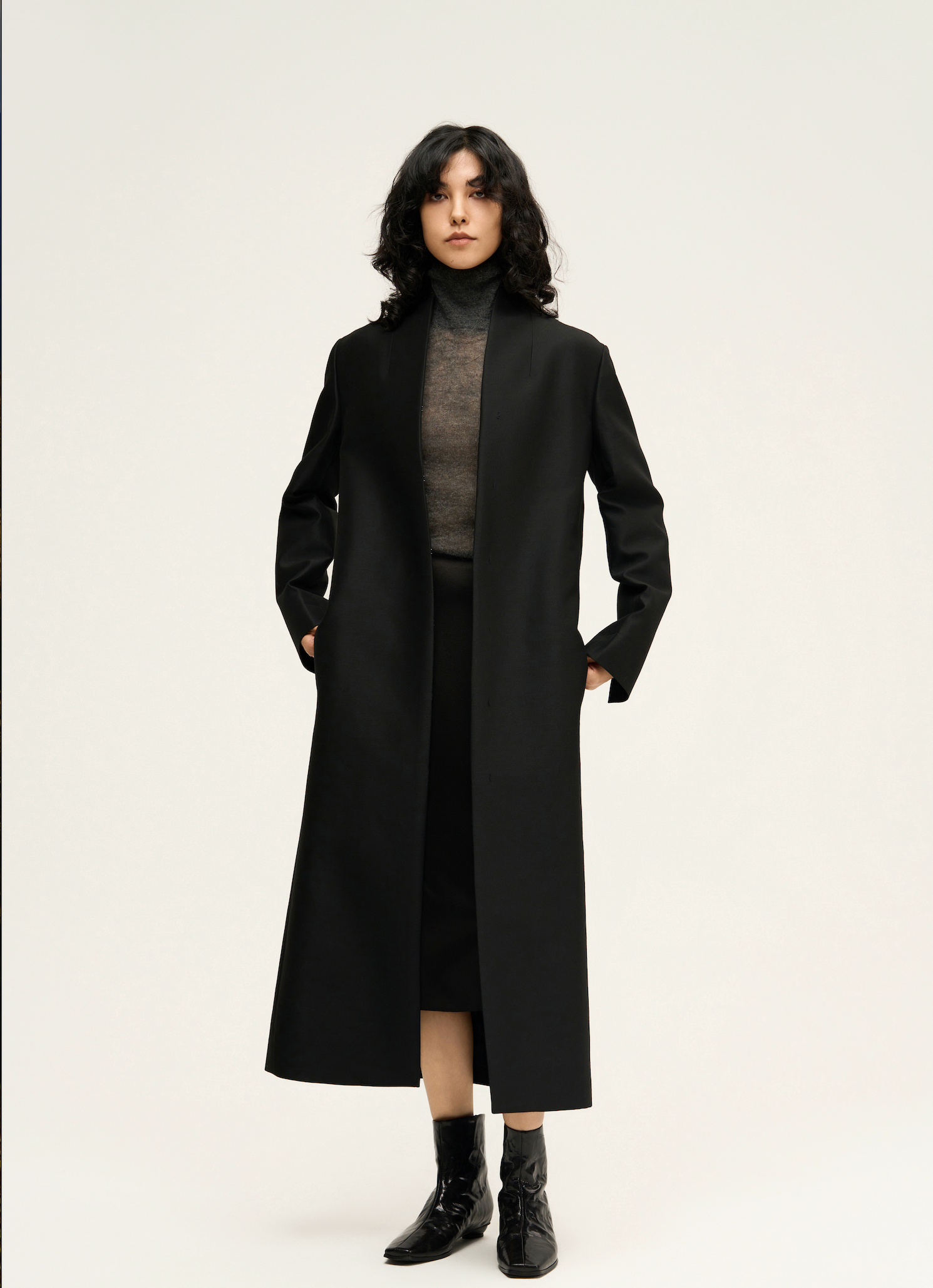 Silk-Wool Stand Collar Long Coat – Chalk & Thread