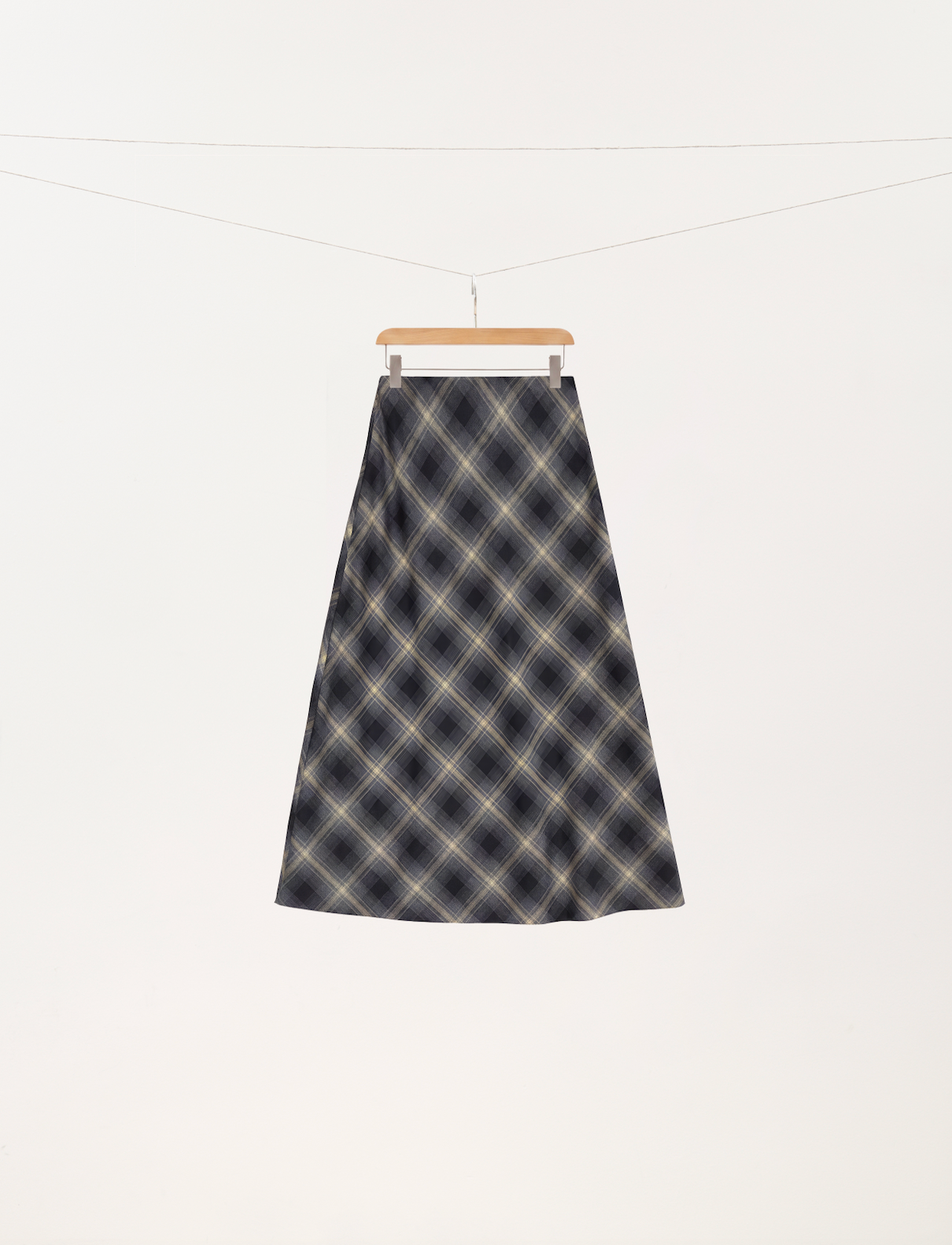 Navy Plaid Wool A-Line Skirt
