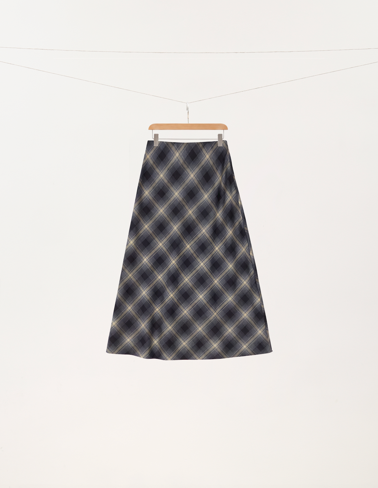 Navy Plaid Wool A-Line Skirt