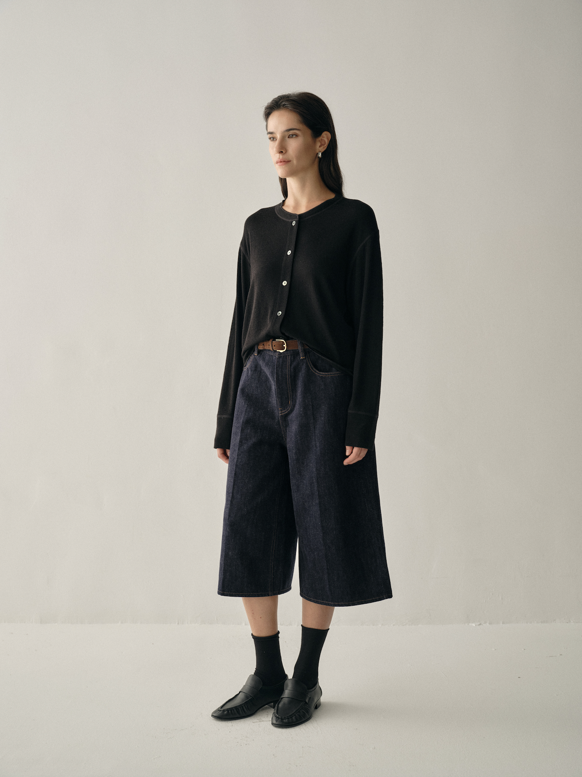 Wool-Blend Denim Cropped Wide-Leg Trousers