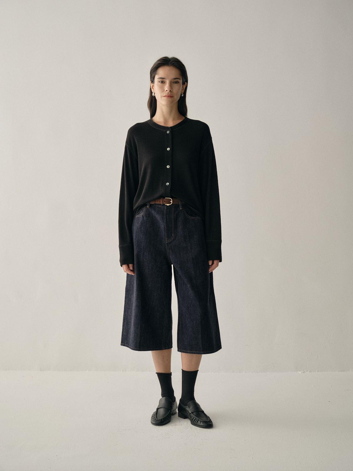 Wool-Blend Denim Cropped Wide-Leg Trousers