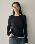 Contrast Layered Pure Wool Long Sleeve Top