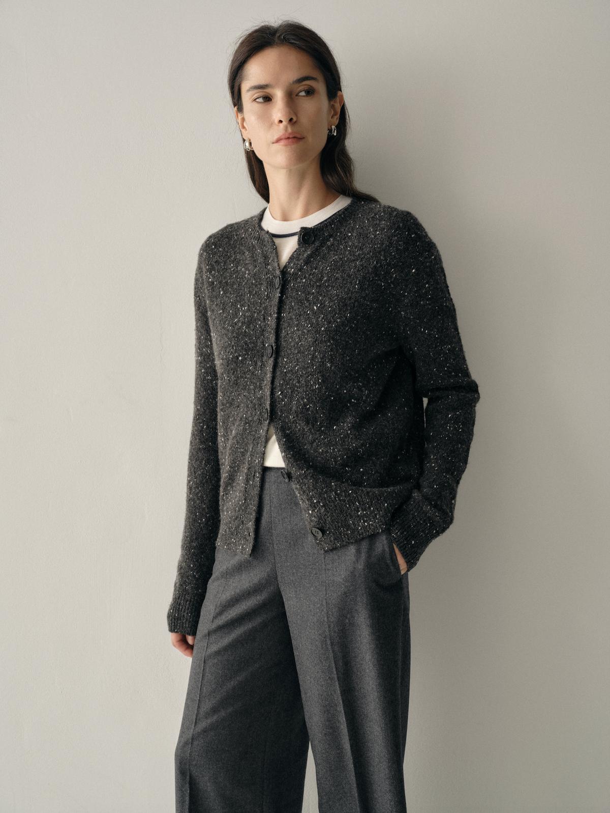 Speckled Wool-Cashmere Button-Up Cardigan