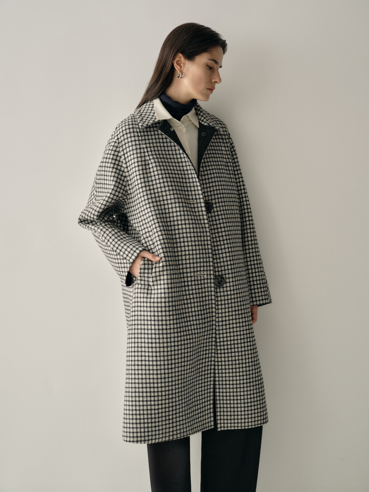 100% Pure Wool Checked Long Coat