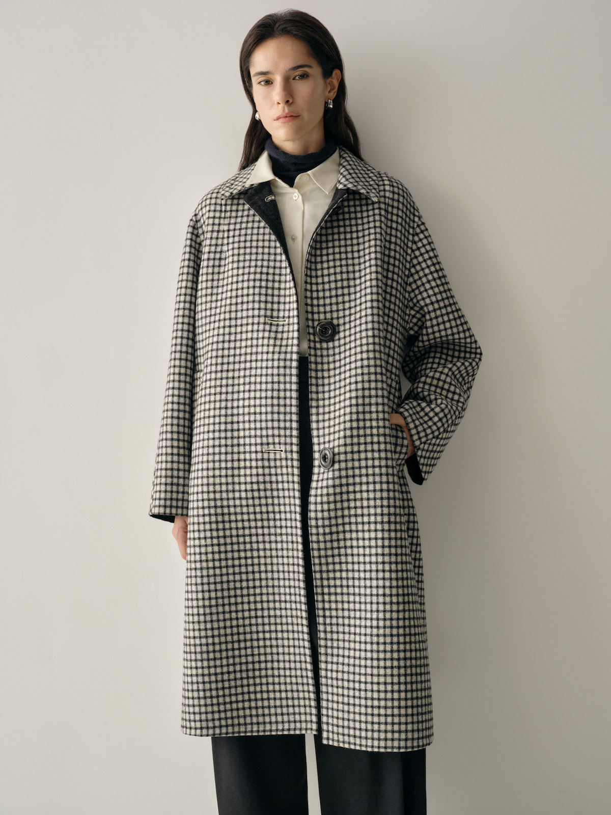 100% Pure Wool Checked Long Coat