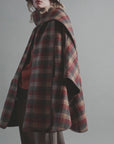 Brown-Red Plaid Wool Blend Cape